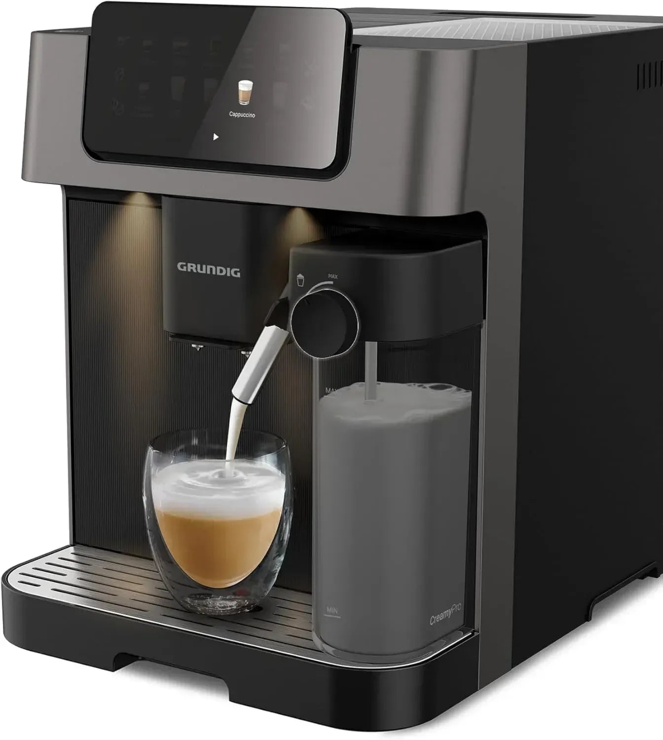 GRUNDIG KVA 7230 Kaffeevollautomat, 10 Spezialitäten, 13 Stufen, 19 Bar Druck, 1350 W Leistung, Milchbehälter, Zweifachdüse, Schwarz/Dunkelsilber
