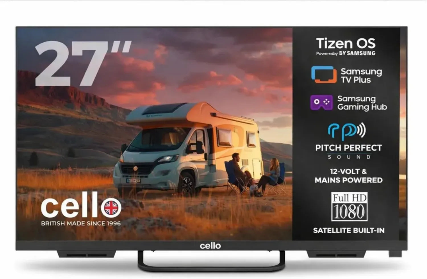 Cello 27" 12V Smart TV mit Tizen OS, Satellit, Gaming Hub, Bluetooth, für Wohnmobile & Boote