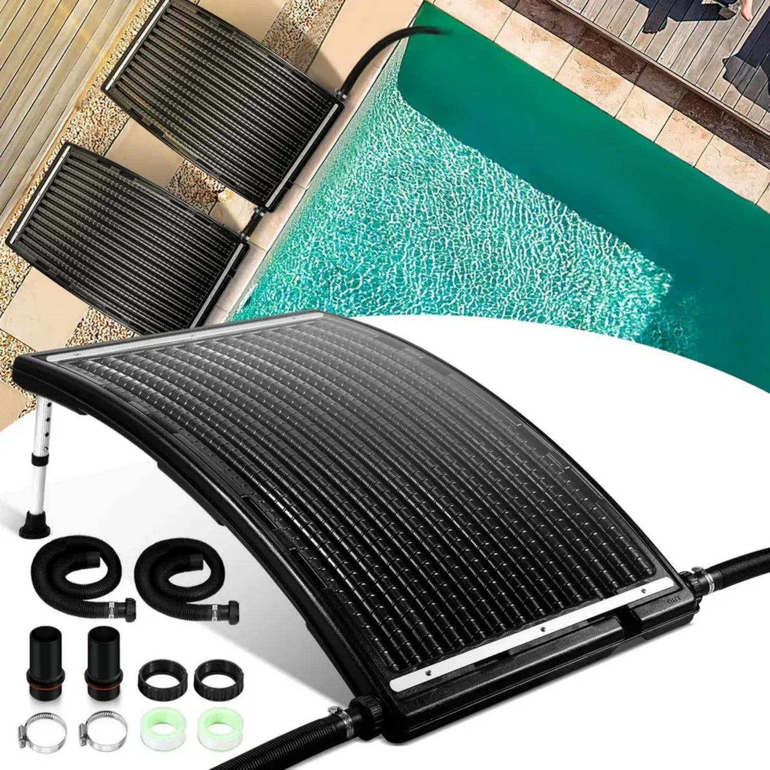Fiqops Solar-Poolheizung 2er-Set, 113x69x35cm, für 10000 L/Std, Anschluss 32-40mm, erweiterbar, Solarsystem für warmes Poolwasser