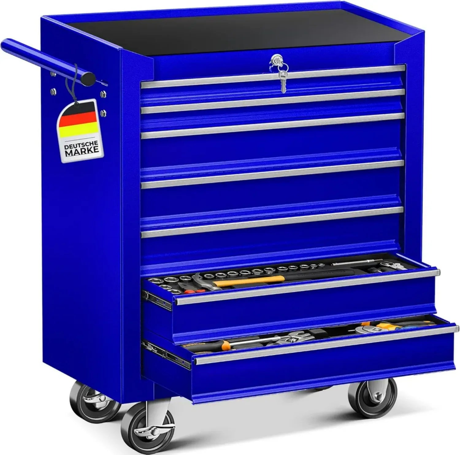 Robuster Werkzeugwagen mit 7 abschließbaren Schubladen, Rollbar und Kugellager, Metall, Blau